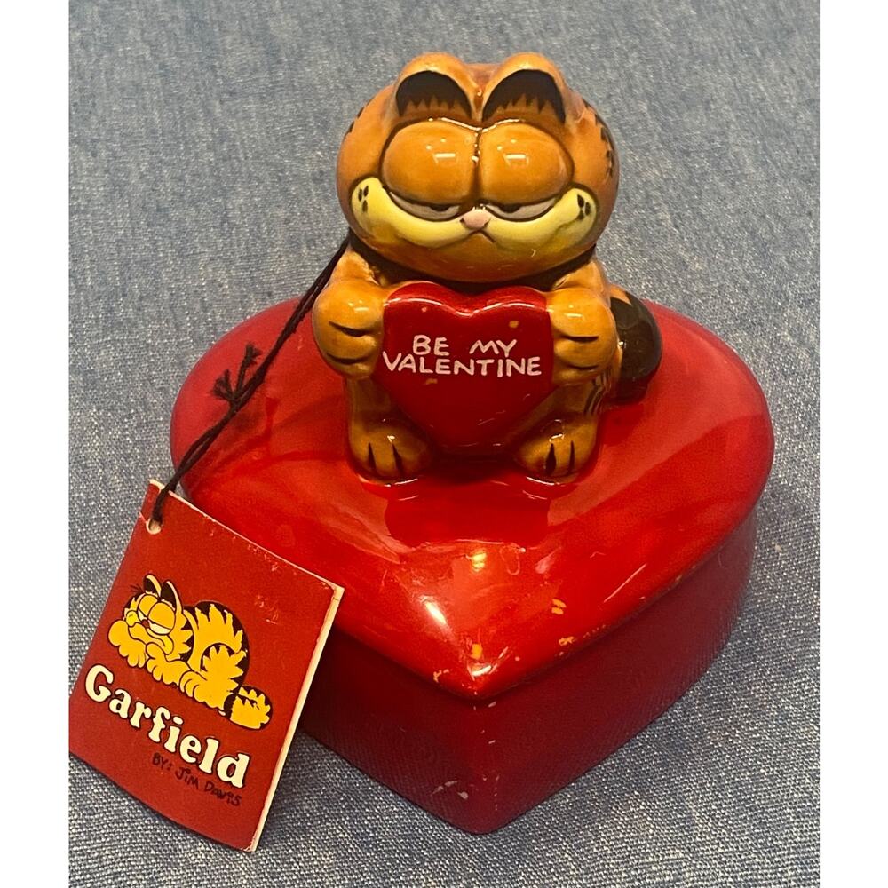 Garfield Ceramic Be My Valentine Heart Love Trinket Box Enesco 1982 Vintage RARE